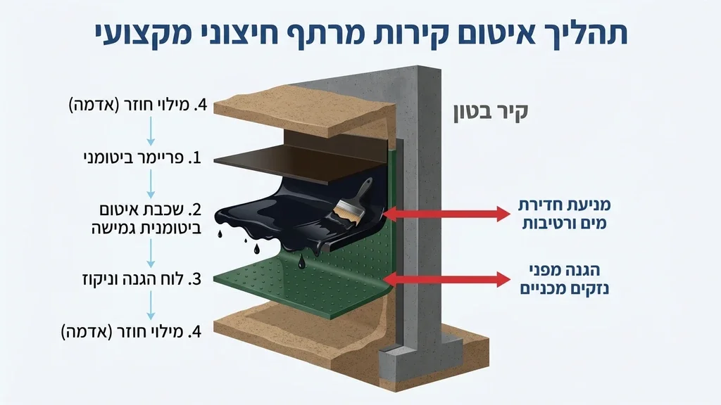 קיר בטון תת קרקעי בתהליך הכנה לאיטום
