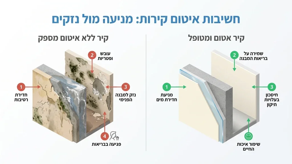 מומחה בוחן קיר חיצוני של מבנה לקראת עבודות איטום