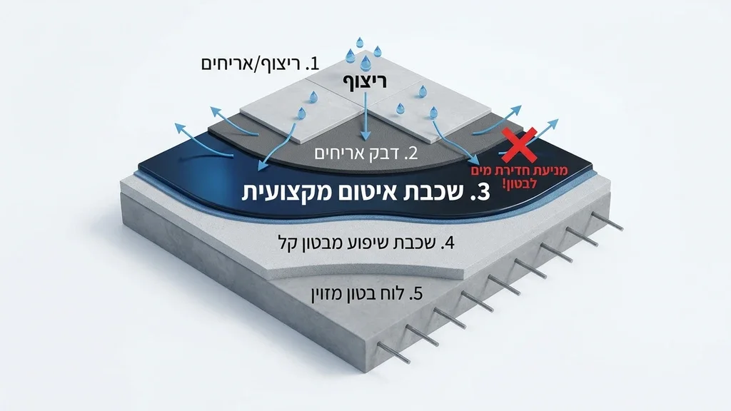 הדמיית תלת מימד של שכבות האיטום מתחת לרצפת חדר רחצה המונעות חדירת מים לבטון