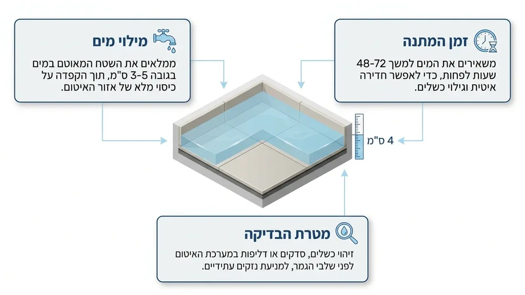 בדיקת הצפה במקלחת עם מים עומדים לבחינת איכות האיטום