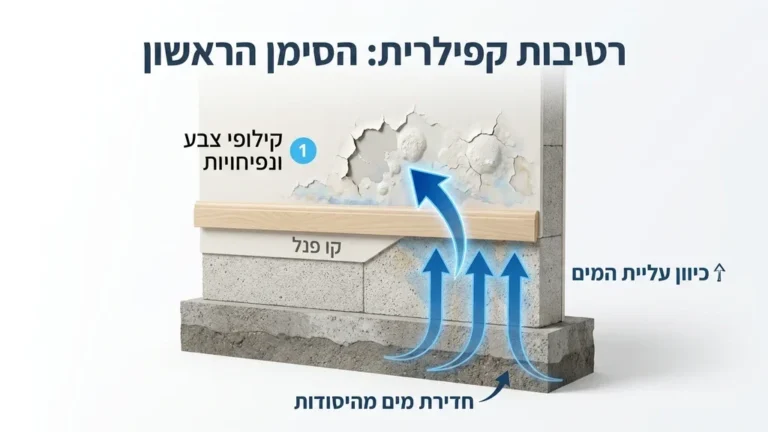 קילופי צבע ונפיחויות המעידים על רטיבות מעל פאנלים בקיר הבית