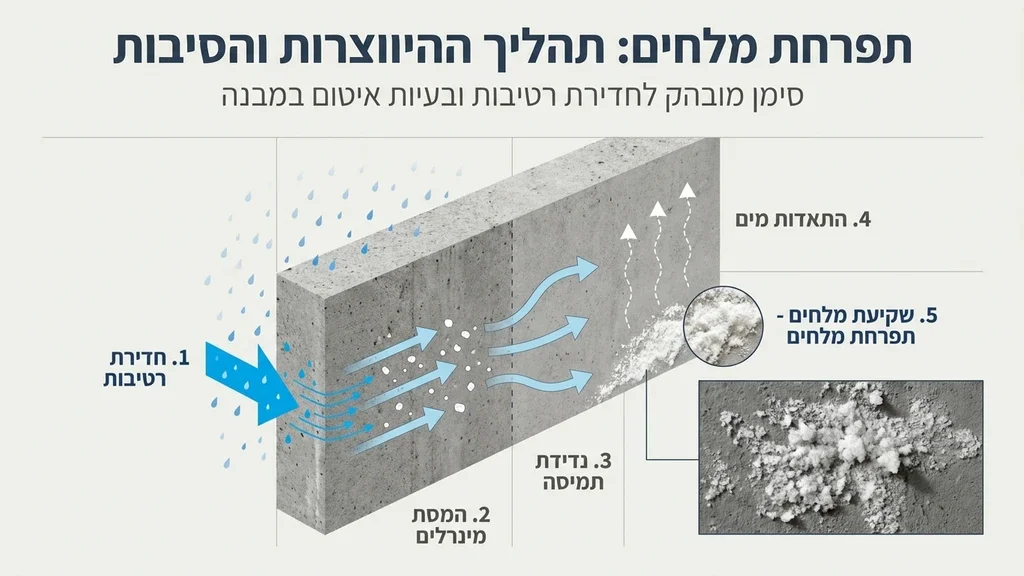 תפרחת מלחים ואבקה לבנה על קיר המעידה על חדירת רטיבות